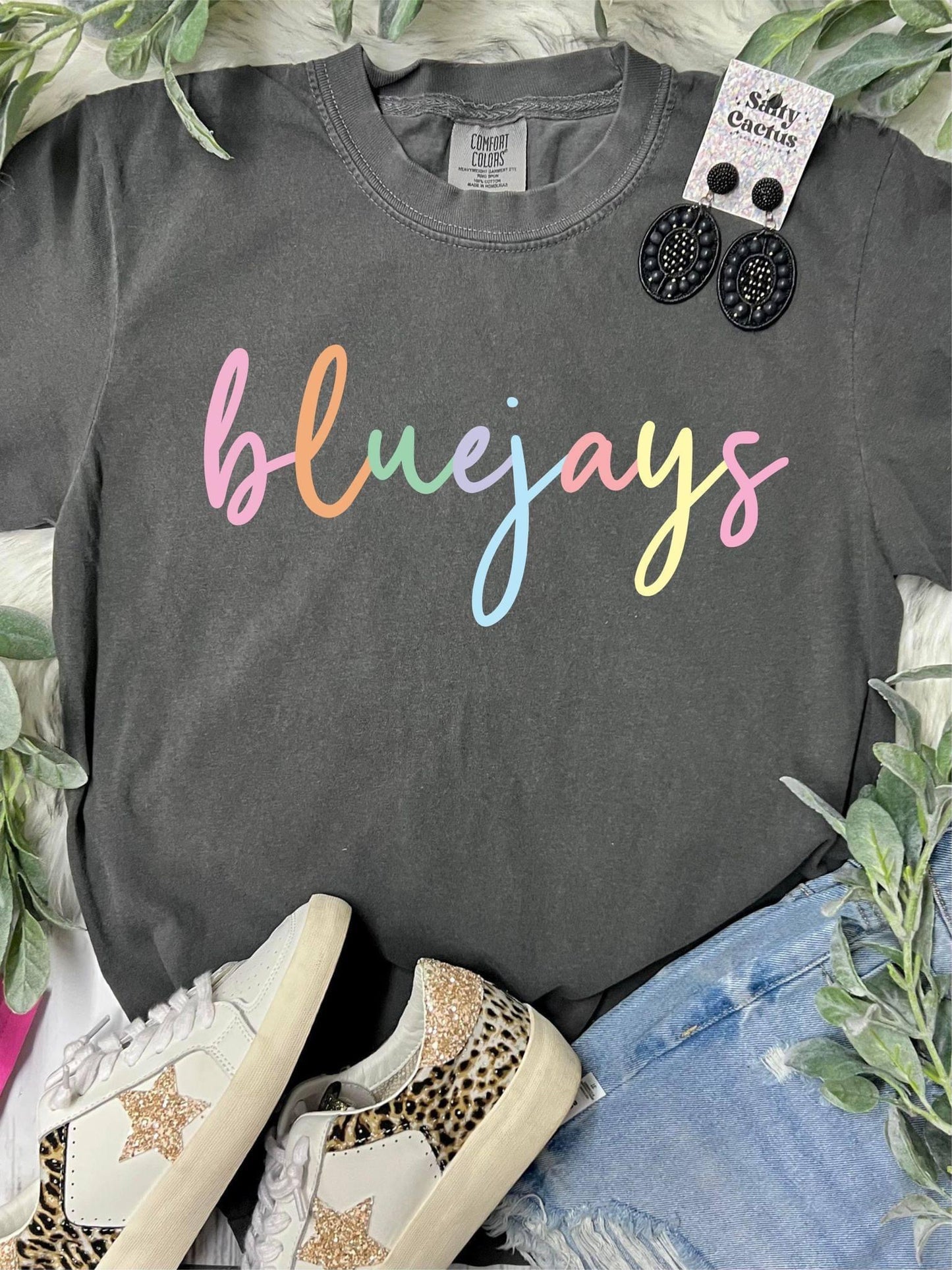 Cursive rainbow mascot tee