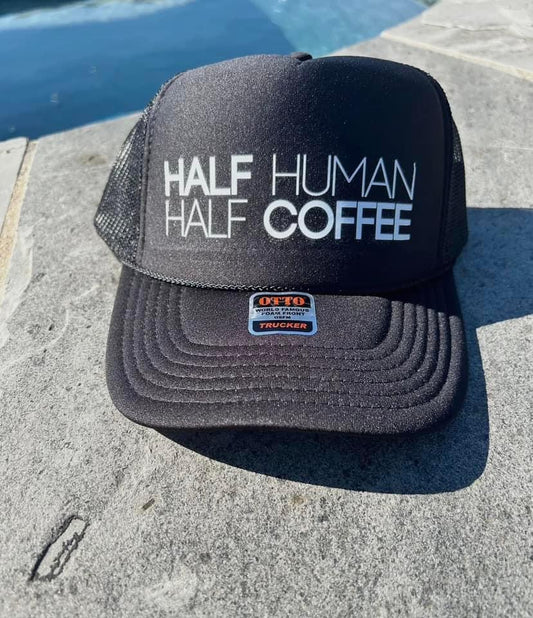 Half human half coffee trucker hat