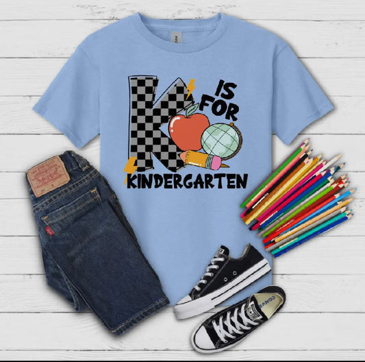 K is for Kindergarten checkered blue